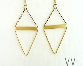 Brass Triangle Bar Earrings || Geometric Metalwork || Dangle Bronze Chain || Gold Tube || Lightweight Earrings || Modern Jewelry || drop