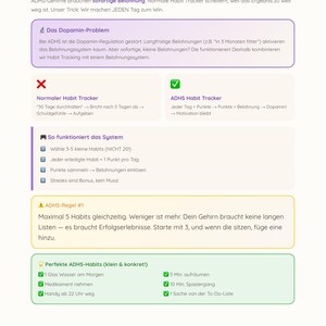 Op de afbeelding: Een witte en paarse infographic met tekst die gewoonten en ADHD uitlegt. De tekst bevat tips over het volgen van gewoonten, dopamine en kleine beloningen. De infographic is ontworpen om mensen met ADHD te helpen.