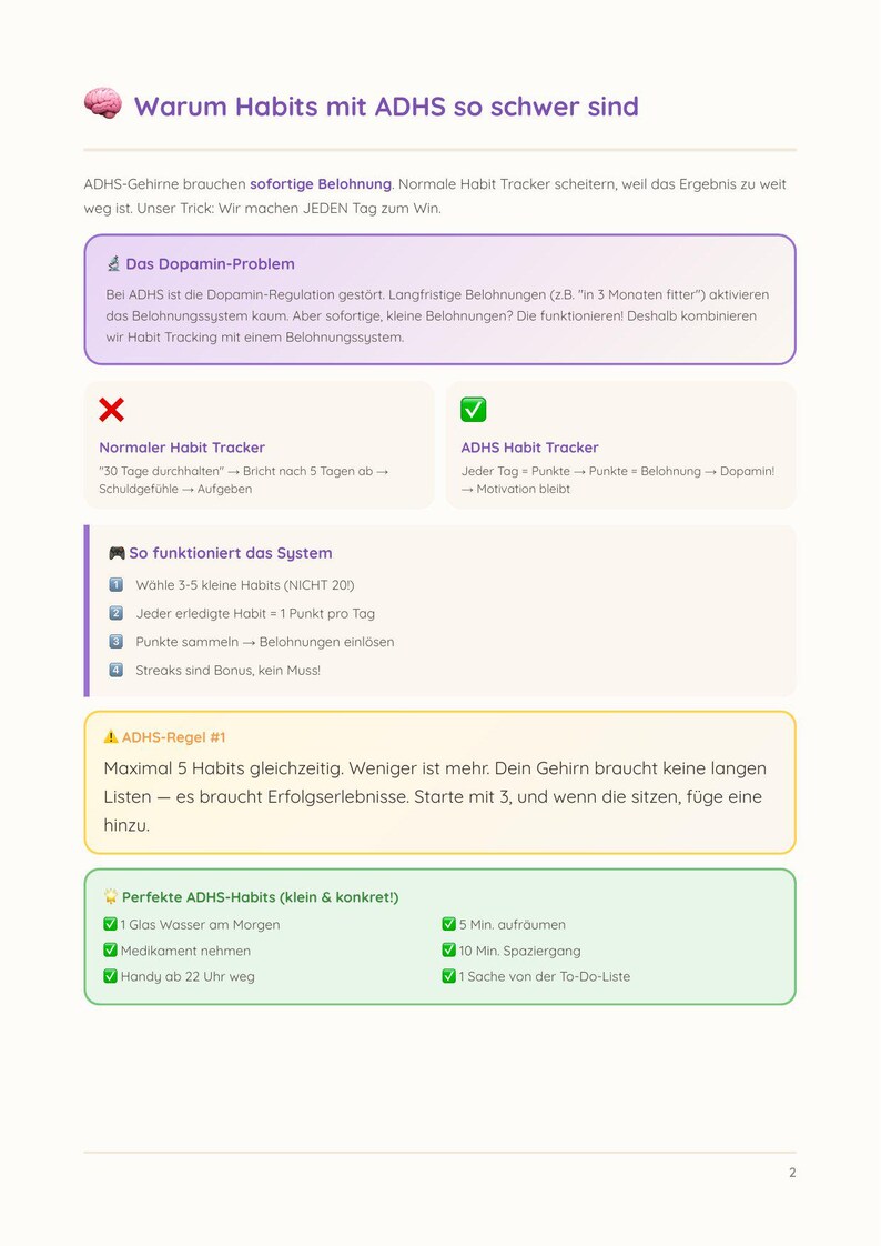 Op de afbeelding: Een witte en paarse infographic met tekst die gewoonten en ADHD uitlegt. De tekst bevat tips over het volgen van gewoonten, dopamine en kleine beloningen. De infographic is ontworpen om mensen met ADHD te helpen.