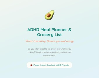 ADHD Meal Planner Grocery List | Meal Plan Printable | Weekly Food Planner Pdf | Neurodivergent Nutrition