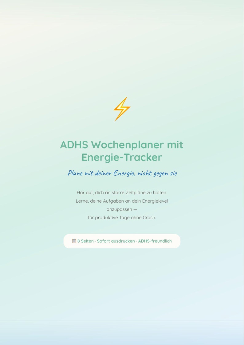 May include: A digital planner with the text "ADHS Wochenplaner mit Energie-Tracker" and a lightning bolt graphic. The planner's description includes tips for managing energy levels and planning productive days.