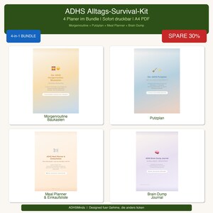 Könnte beinhalten: Ein digitales Produkt-Bundle mit vier Planern: Morgenroutine, Putzplan, Meal Planner und Brain Dump Journal. Das Produkt trägt den Titel "ADHS Alltags-Survival-Kit" und ist als A4 PDF erhältlich. Der Text "4-in-1 BUNDLE" und "SPARE 30%" ist enthalten.