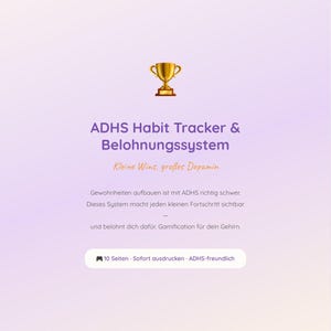Könnte beinhalten: Werbung für ein ADHS Habit Tracker & Belohnungssystem. Das Bild zeigt eine goldene Trophäe und Text in Lila und Weiß, der den Aufbau von Gewohnheiten und Gamification bewirbt.