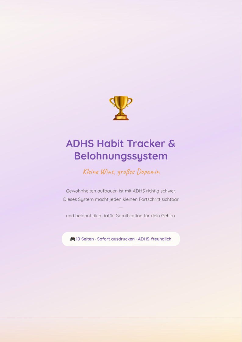 Op de afbeelding: Advertentie voor een ADHS Habit Tracker & Beloningssysteem. De afbeelding toont een gouden trofee en tekst in paars en wit, die het opbouwen van gewoonten en gamification promoot.