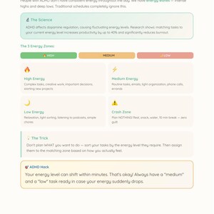 May include: An infographic in white, titled "Why Energy-Based Planning?", detailing energy zones and ADHD. It features text, icons, and colour-coded sections for high, medium, and low energy levels.