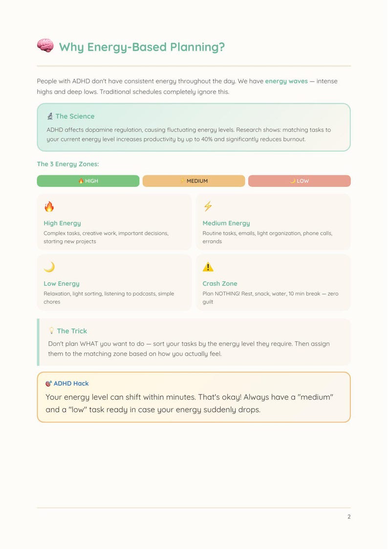 May include: An infographic in white, titled "Why Energy-Based Planning?", detailing energy zones and ADHD. It features text, icons, and colour-coded sections for high, medium, and low energy levels.
