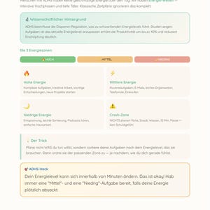 May include: A white infographic with German text about energy-based planning for people with ADHD. The graphic includes sections on energy zones, scientific background, and tips for managing energy levels. The color scheme is primarily white, green, orange, and pink.