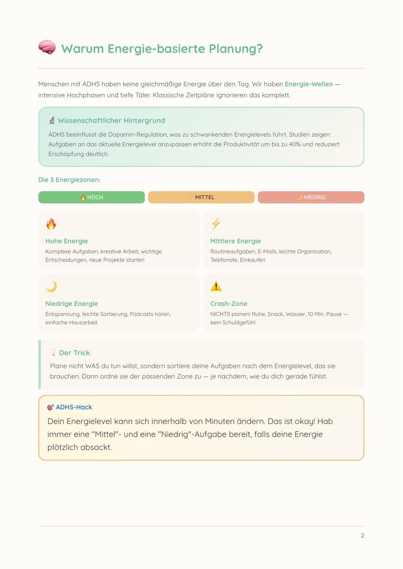 May include: A white infographic with German text about energy-based planning for people with ADHD. The graphic includes sections on energy zones, scientific background, and tips for managing energy levels. The color scheme is primarily white, green, orange, and pink.