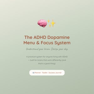 Könnte beinhalten: Digitalgrafik mit dem Text "The ADHD Dopamine Menu & Focus System". Das Bild enthält ein rosa Gehirn-Emoji und zwei gelbe Sternchen-Emojis. Der Text ermutigt die Benutzer, ihr Gehirn zu verstehen und ihren Tag zu gestalten.