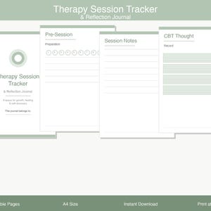 Könnte beinhalten: Ein digitaler Therapie-Sitzungs-Tracker und Reflexionsjournal. Das Journal enthält Seiten für die Vorbereitung vor der Sitzung, Notizen zur Sitzung und CBT-Gedankenprotokolle. Das Design ist minimalistisch mit einem sanften Grün- und Weiß-Farbschema. Der Text "Therapy Session Tracker" ist prominent.