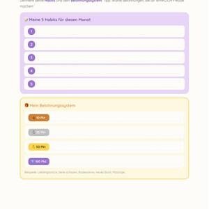 Op de afbeelding: Een plannerpagina in het Duits, getiteld "Meine Habits & Belohnungen", met secties voor het opsommen van gewoonten en een beloningssysteem. Het heeft genummerde ruimtes en op punten gebaseerde beloningen. De pagina is wit met paarse en gele accenten.