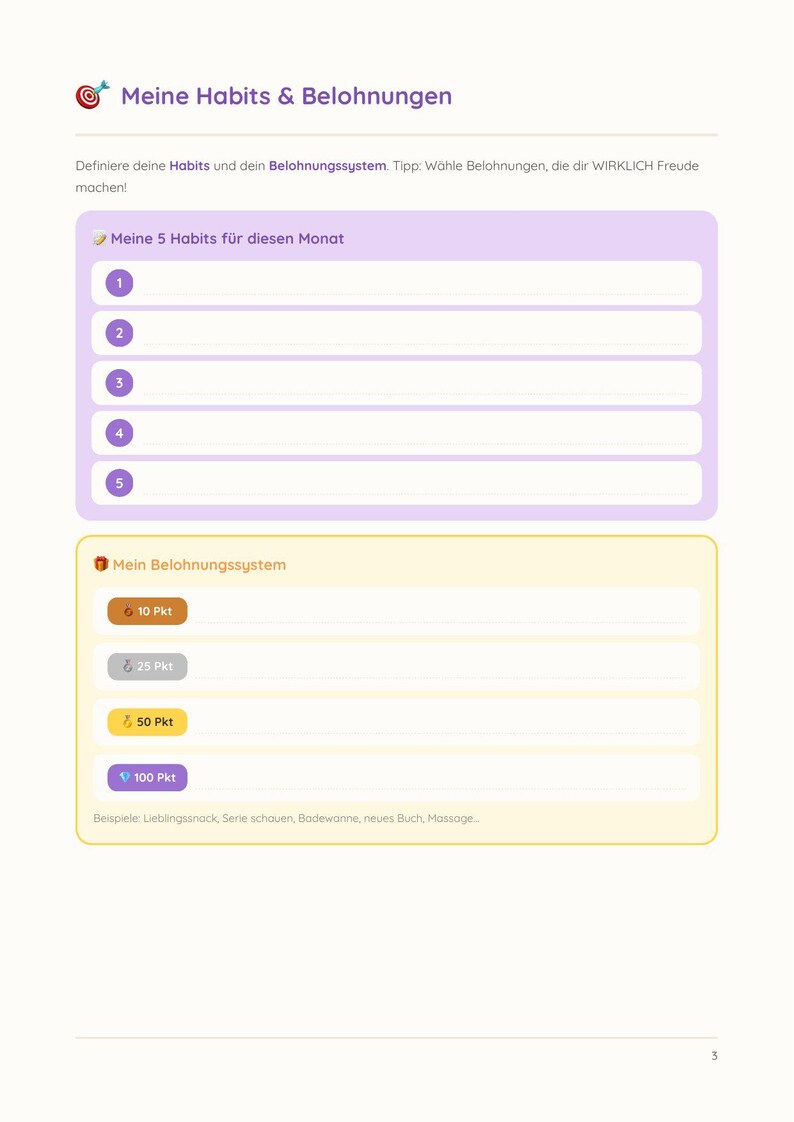 Op de afbeelding: Een plannerpagina in het Duits, getiteld "Meine Habits & Belohnungen", met secties voor het opsommen van gewoonten en een beloningssysteem. Het heeft genummerde ruimtes en op punten gebaseerde beloningen. De pagina is wit met paarse en gele accenten.