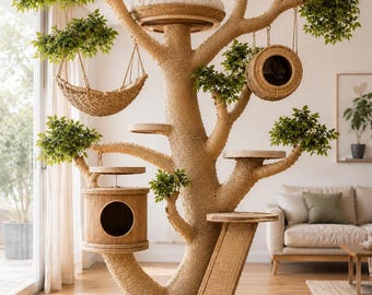 Real Tree Cat Tower, Large Multi Level Cat Tree with Hammock, Cave Bed, Sisal Scratching Post, Boho Indoor Cat Furniture