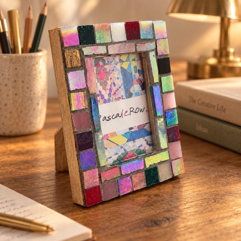 May include: A rectangular picture frame featuring a mosaic border made of small, multicolored, iridescent, and solid-colored square tiles. The frame holds a white insert with the text "pascaleRow" printed in a dark, stylized script font.