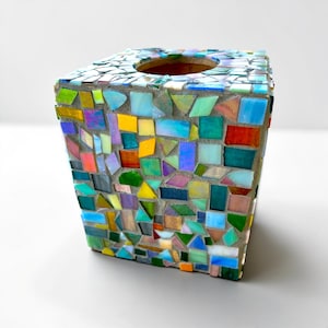 Stained Glass Mosaic Tissue Box Cover, Colorful Iridescent Tile Art, Boho Bathroom Decor, Handmade Tissue Holder, Unique Housewarming Gift