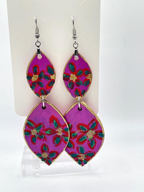 Pink Floral Leaf Drop Earrings handmade by PascaleRow