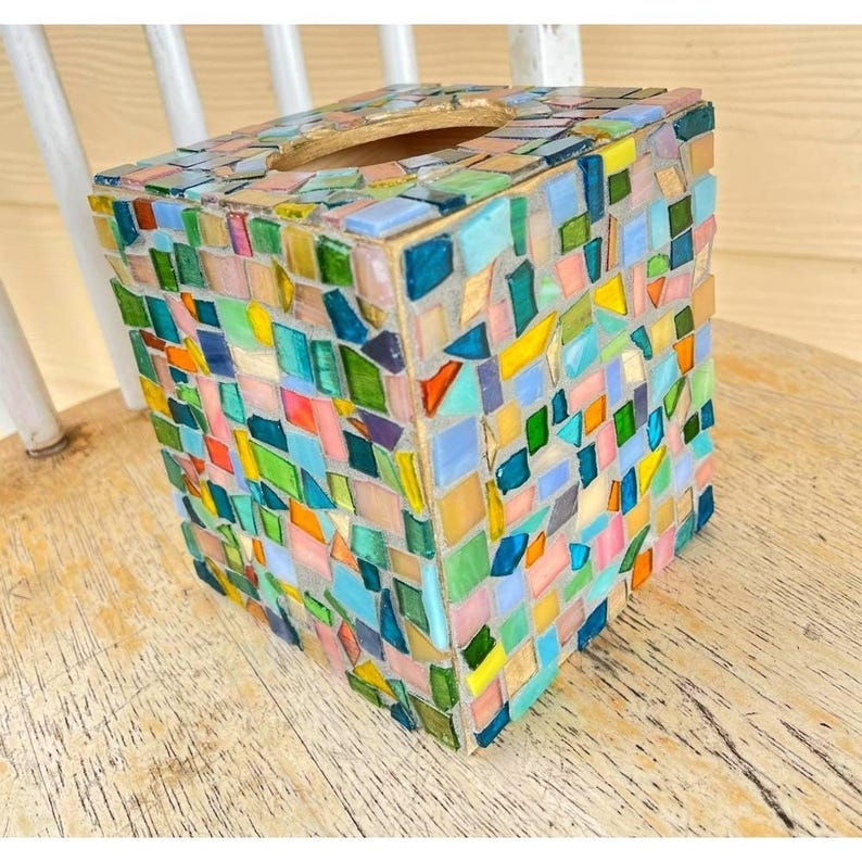 Pastel Iridescent Mosaic Tissue Box Cover | Stained Glass Art | Colorful Bathroom Decor | Handmade Home Accent | Unique Gift image 8