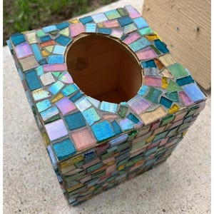 Pastel Iridescent Mosaic Tissue Box Cover | Stained Glass Art | Colorful Bathroom Decor | Handmade Home Accent | Unique Gift image 2