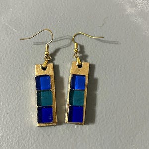 Cobalt Blue Teal Glass Mosaic Earrings, Gold Painted Wood Bar Dangle Earrings, Stained Glass Tile Jewelry, Minimalist Art Deco Gift for Her