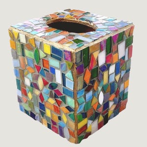 Stained Glass Mosaic Tissue Box Cover, Square Tissue Box Holder, Colorful Handmade Bathroom Decor, Mosaic Art, Unique Iridescent Home Decor