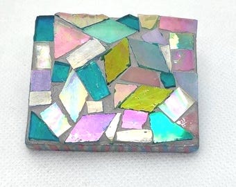 Iridescent Mosaic Fridge Magnet, Handmade Stained Glass Tile Art, Pastel Ocean Coastal Kitchen Decor, Mermaid Gift, Stocking Stuffer