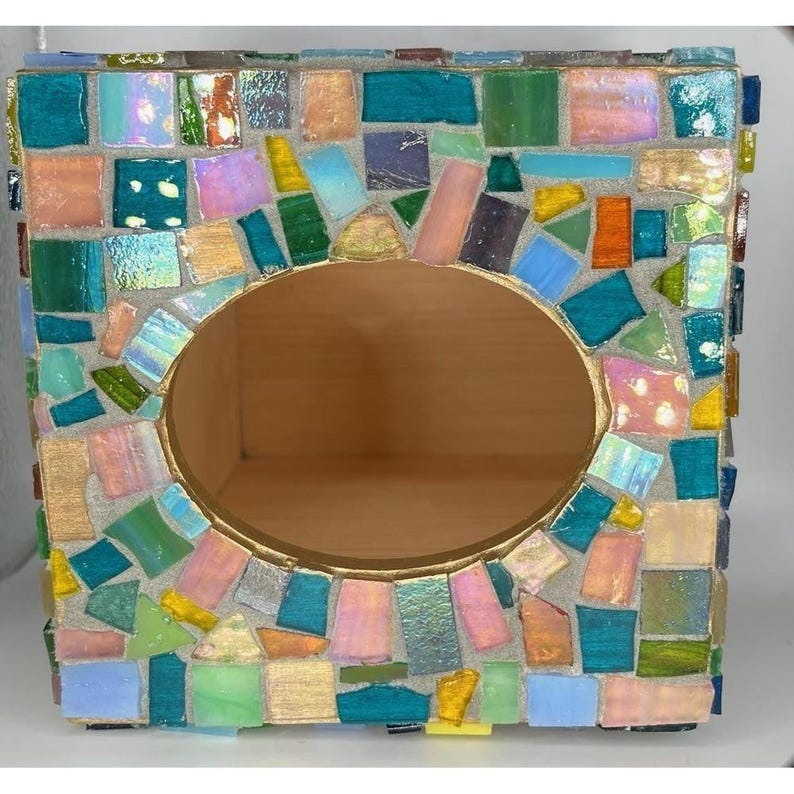 Pastel Iridescent Mosaic Tissue Box Cover | Stained Glass Art | Colorful Bathroom Decor | Handmade Home Accent | Unique Gift image 3
