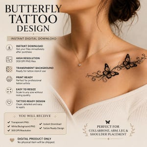 Fjärilstatueringsdesign PNG | Fine Line Fjärilstatueringsschablon | Direktnedladdning | Tillfällig tatueringsdesign | Transparent PNG