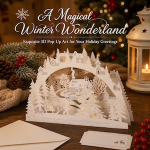 Op de afbeelding: Een witte 3D pop-up wenskaart met een winterse dorpsscène met huisjes, dennenbomen, een sneeuwpop en een versierde kerstboom. De basis bevat de tekst "we wish you a Merry Christmas and happy new year". De kaart wordt geleverd met een bijpassende envelop en een klein rechthoekig cadeaulabel met een rendierillustratie.