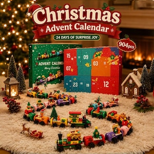 May include: A Christmas Advent Calendar building block set with 904 pieces. The set includes a green box, a multi-colored numbered calendar box, and various buildable train cars, a reindeer sleigh, and small holiday-themed figures and trees.