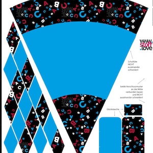 Könnte beinhalten: Eine Vorlage für eine Schultüte oder ein Gastgeschenk, mit einem blau-schwarzen Muster mit Buchstaben und Formen. Das Design umfasst eine große blaue Fläche und ausgeschnittene Formen, mit deutschem Text.