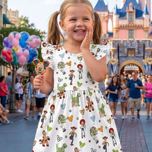 Pu&ograve; includere: Un vestito bianco con un motivo di personaggi di Toy Story, tra cui Woody e Buzz Lightyear. L'abito ha maniche corte e una gonna svasata. Una bambina indossa l'abito e tiene in mano un lecca-lecca di Topolino.