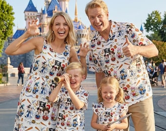 Camisa hawaiana y de vestir con boceto de Mickey Piratas, camisa blanca abotonada DCL Pirate Night, conjunto a juego para vacaciones de verano de Disney Cruise Line