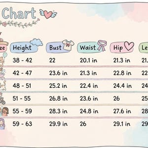 Puede incluir: Tabla de tallas en colores pastel para ropa infantil, titulada "Size Chart". Incluye medidas de altura, busto, cintura, cadera y largo en pulgadas, con tallas de 3-4T a 12-13Y.