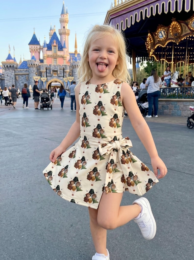 Puede incluir: Una ni&ntilde;a peque&ntilde;a con un vestido color crema con un estampado repetido de personajes de dibujos animados, posando de forma juguetona. El vestido tiene un lazo en la cintura y se combina con zapatillas blancas. El fondo incluye un castillo y un carrusel.
