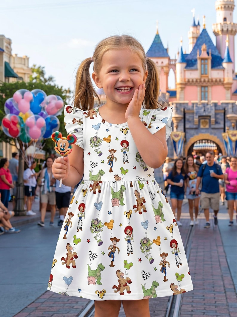 Pu&ograve; includere: Un vestito bianco con un motivo di personaggi di Toy Story, tra cui Woody e Buzz Lightyear. L'abito ha maniche corte e una gonna svasata. Una bambina indossa l'abito e tiene in mano un lecca-lecca di Topolino.
