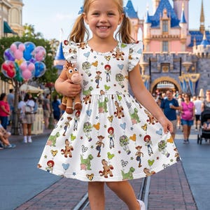 Pu&ograve; includere: Un vestito bianco con un motivo di personaggi dei cartoni animati, stelle e palloncini. L'abito ha maniche a balze ed &egrave; indossato da una bambina che tiene in mano un peluche. Lo sfondo presenta un castello e persone che camminano su un sentiero di mattoni.