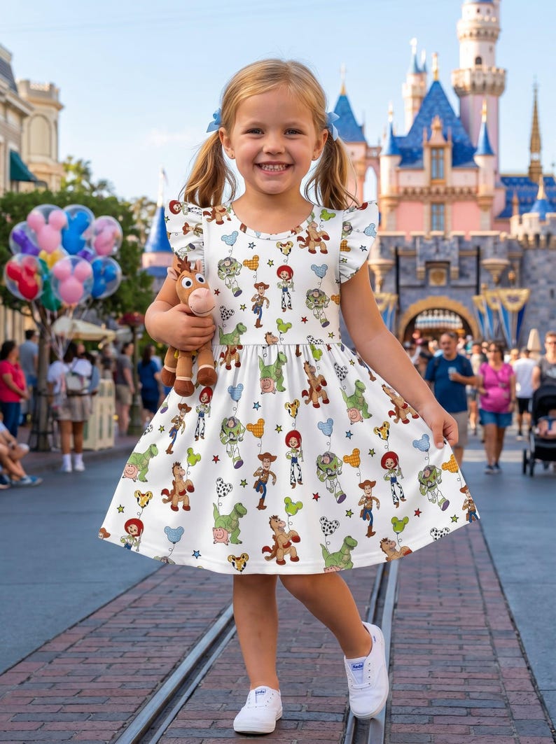 Pu&ograve; includere: Un vestito bianco con un motivo di personaggi dei cartoni animati, stelle e palloncini. L'abito ha maniche a balze ed &egrave; indossato da una bambina che tiene in mano un peluche. Lo sfondo presenta un castello e persone che camminano su un sentiero di mattoni.