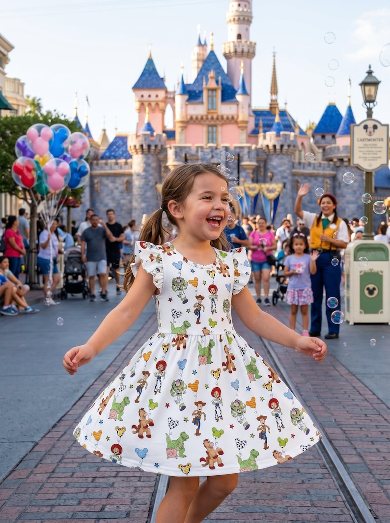 Pu&ograve; includere: Una bambina indossa un vestito bianco con una colorata stampa di Toy Story, con personaggi come Woody e Buzz Lightyear. L'abito ha maniche a volant e una gonna svasata. Lo sfondo presenta un castello e persone.