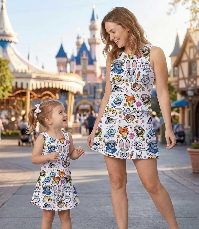 May include: A sleeveless white dress featuring a colorful pattern of cartoon animal characters. The dress is worn by a woman and a young child, both smiling. The background shows a theme park with a castle.