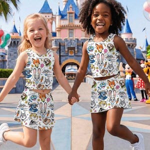 May include: Two girls wearing matching white tank tops and skirts with a colorful Zootopia character print. The outfits feature images of Nick Wilde, Judy Hopps, and other characters. The girls are smiling and holding hands in front of a castle.