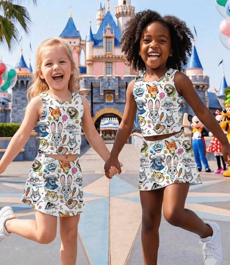 May include: Two girls wearing matching white tank tops and skirts with a colorful Zootopia character print. The outfits feature images of Nick Wilde, Judy Hopps, and other characters. The girls are smiling and holding hands in front of a castle.