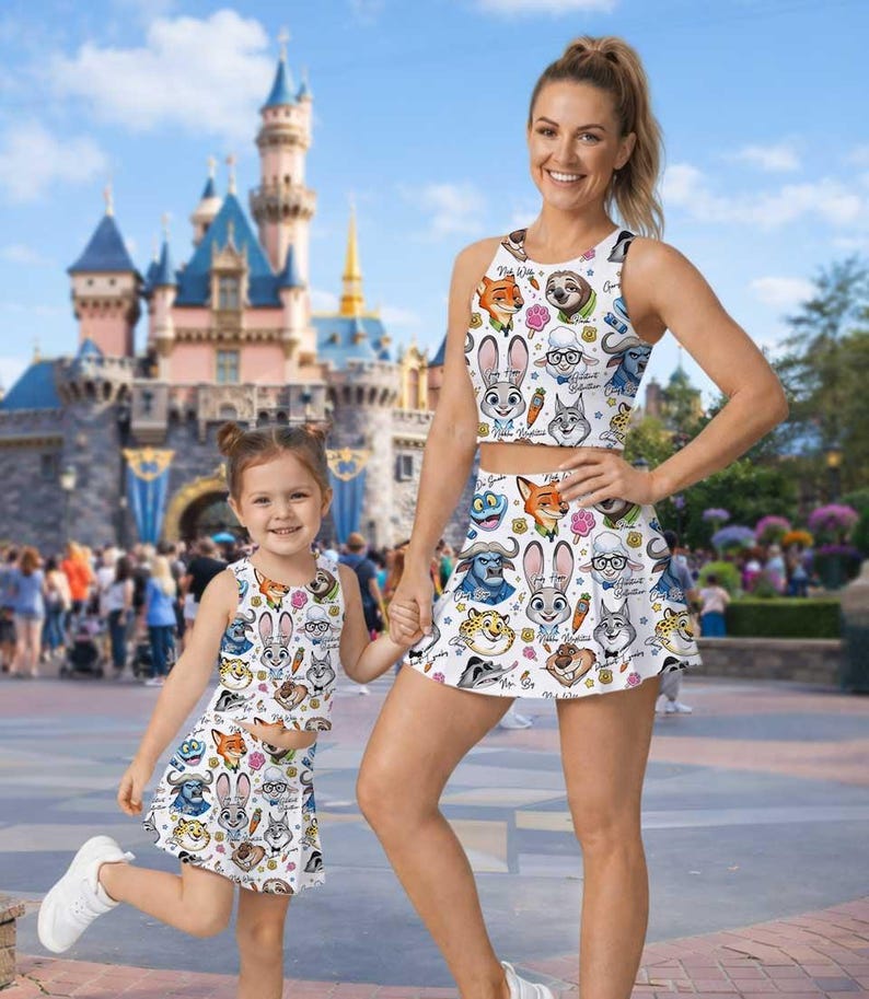 May include: A woman and a child wearing matching white crop tops and skirts with a colorful cartoon animal print. The background features a castle and a crowd of people.