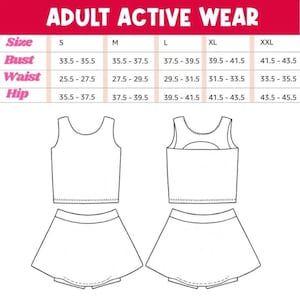May include: White active wear set with a tank top and skirt. The image includes a size chart with bust, waist, and hip measurements in inches for sizes S, M, L, XL, and XXL. The text "ADULT ACTIVE WEAR" is at the top.