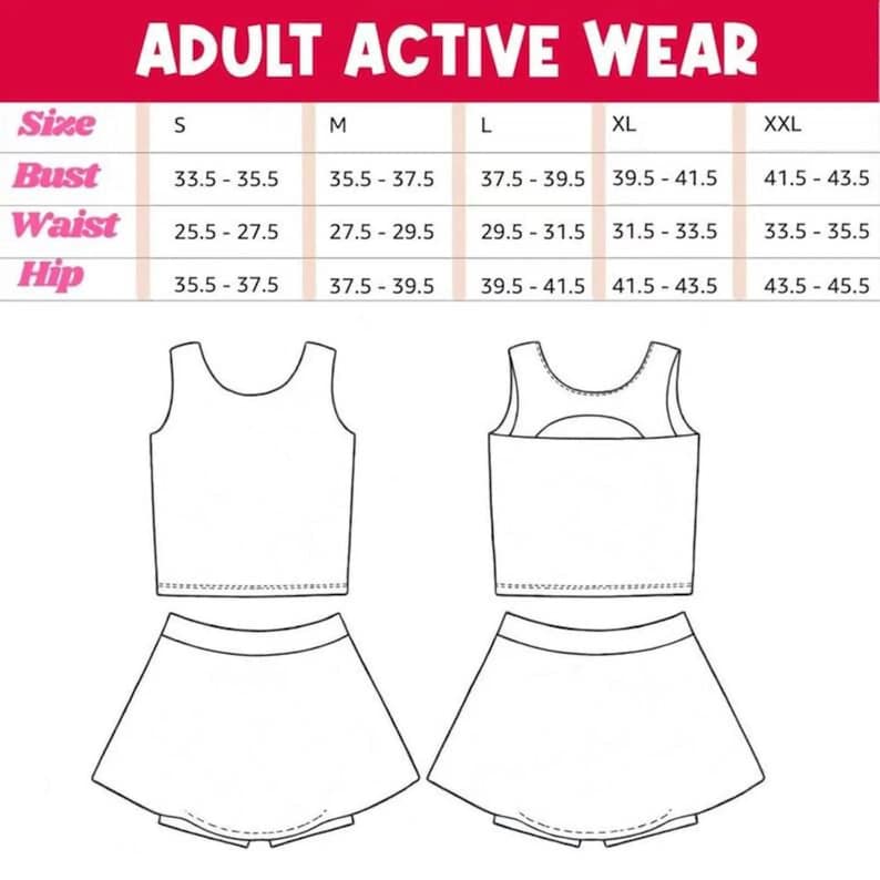 May include: White active wear set with a tank top and skirt. The image includes a size chart with bust, waist, and hip measurements in inches for sizes S, M, L, XL, and XXL. The text "ADULT ACTIVE WEAR" is at the top.