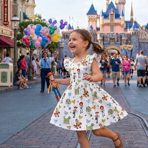 Pu&ograve; includere: Una bambina con un vestito bianco con una stampa colorata di Toy Story corre per strada, tenendo in mano una bambola di Woody. L'abito ha maniche a volant. Lo sfondo include un castello e persone.