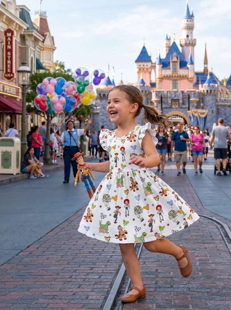 Pu&ograve; includere: Una bambina con un vestito bianco con una stampa colorata di Toy Story corre per strada, tenendo in mano una bambola di Woody. L'abito ha maniche a volant. Lo sfondo include un castello e persone.