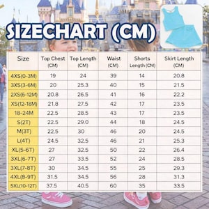 May include: A size chart in centimeters for a children's two-piece outfit, including top chest, top length, waist, shorts length, and skirt length measurements. The chart ranges from 4XS (0-3M) to 5XL (10-12T).