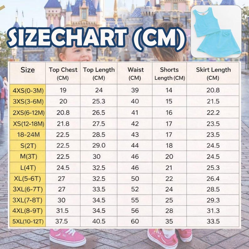 May include: A size chart in centimeters for a children's two-piece outfit, including top chest, top length, waist, shorts length, and skirt length measurements. The chart ranges from 4XS (0-3M) to 5XL (10-12T).