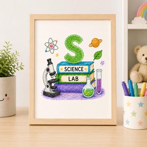 May include: A framed print featuring a large green letter S above a stack of three books labeled SCIENCE LAB. The illustration includes a microscope, a round flask with green liquid, a test tube with purple liquid, an atom, and a planet.