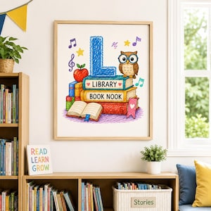 Wanddeko für die Schulbibliothek zum Schulanfang, druckbare Wanddekoration für Lehrerzimmer, Bücherstapel-Ecke mit dem Buchstaben P in Buntstiftform, digitaler Download